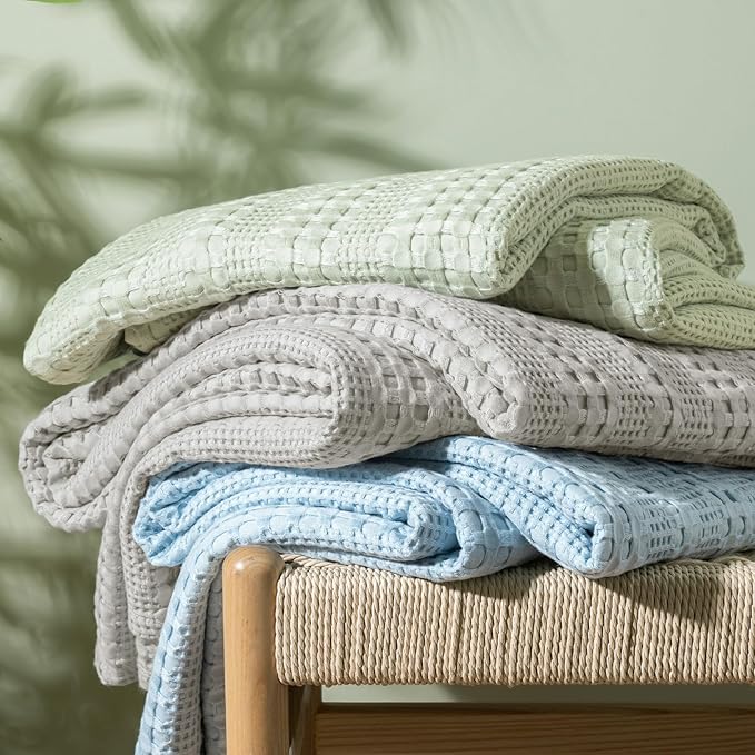PHF Cooling Waffle Blanket Twin Size, Lightweight 60% Rayon Derived from Bamboo & 40% Cotton Breathable Blanket for Hot Sleepers, Soft and Luxury for Bed Couch and Sofa, 66"x90",Sky Blue