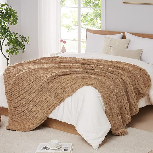 L'AGRATY Chunky Knit Blanket Throw: 80''x90'' Chenille Chunky Knitted Throw Blankets for Bed Couch - Handmade Thick Big Cable Knit Blanket - Large Crochet Rope Blankets for Home Decor(Tan)