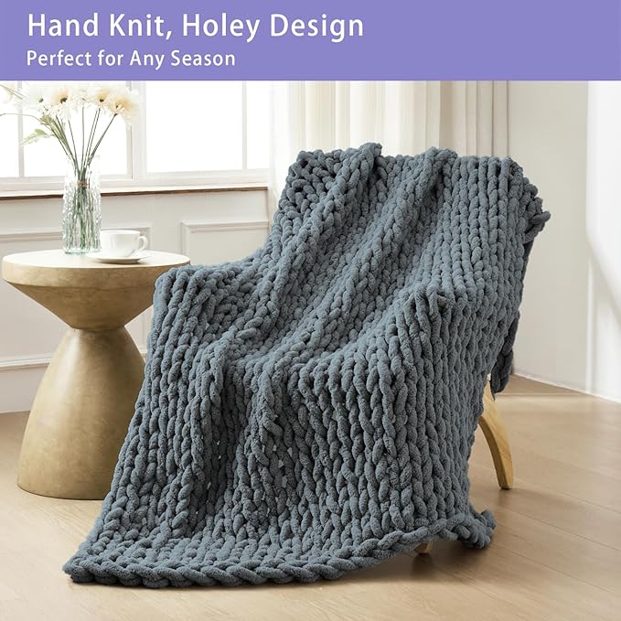Bigacogo Chunky Knit Throw Blanket for Couch, 40x60 inches, 100% Hand Knitted with Thick Jumbo Chenille Yarn, Cozy Soft Large Rope Knot Cable Crochet Blankets for Sofa Bed Living Room, Iron Gray