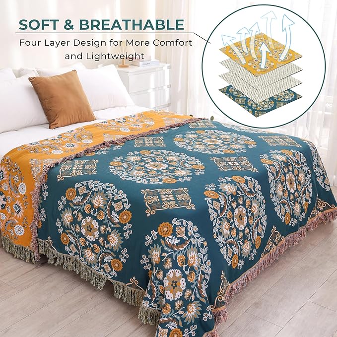 Boho Throw Blanket for Bed,100% Cotton Ultra Soft Lightweight Muslin 4-Layer Breathable Woven Throws 60''x 80'' Blanket Yellow Floral Printed Farmhouse Decor Bed Blankets