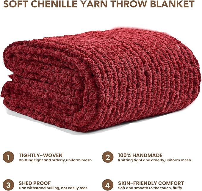 L'AGRATY Chunky Knit Blanket Throw: 50''x60'' Chenille Chunky Knitted Throw Blankets for Bed Couch - Handmade Thick Cable Knit Blanket - Large Crochet Rope Blankets for Home Decor(Maroon Red)