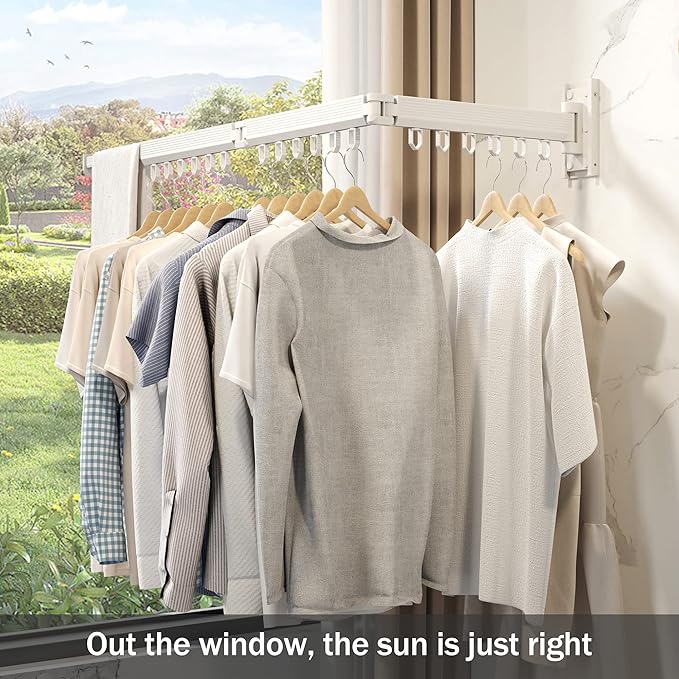 Wall Mounted Clothes Drying Rack, Retractable Laundry Rack for Hanging Clothes, Collapsible, Foldable, White-Rings