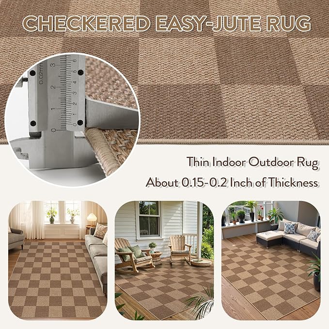 Lahome Checkered Easy Jute Living Room Rugs, 5x7 Large Dining Room Office Carpet Farmhouse Washable Area Rug, Checkerboard Neutral Non Slip Indoor Outdoor Carpet for Bedroom Entry Patio
