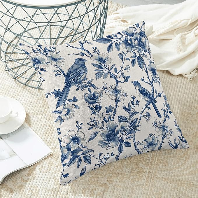 Navy Blue Spring Floral Pillow Covers 18 x 18 Inch Set of 2 for Chinoiserie Vintage Flowers Bird Decor Throw Pillows Plant Farmhouse Outdoor Decorative Cushion Cases for Couch Bed Decorations