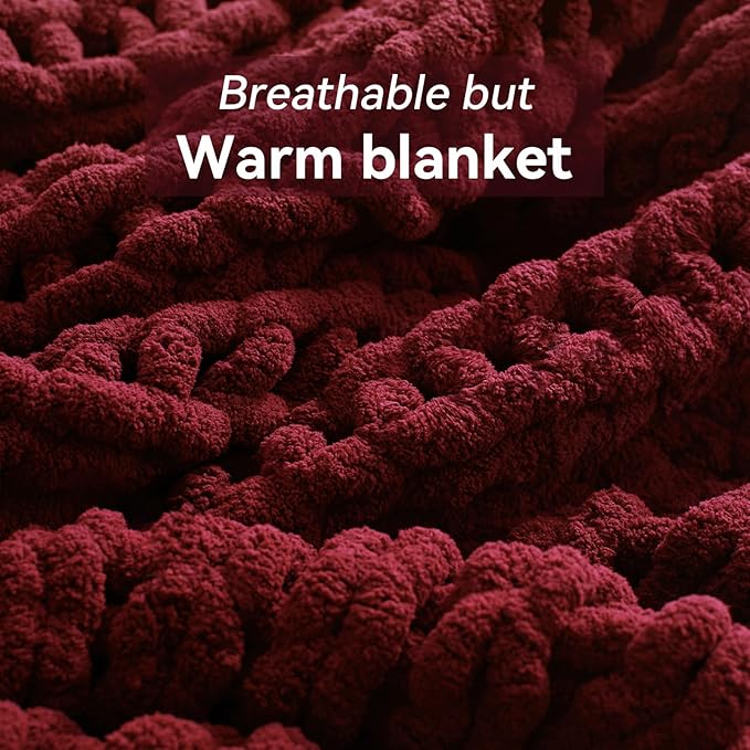 Chunky Knit Throw Blanket, 40''*50'' Knitted Throw Chenille Yarn for Bed Couch, Handmade Red Crochet Big Thick Blanket, Machine Washable Cute Comfy Blanket for Home Decor