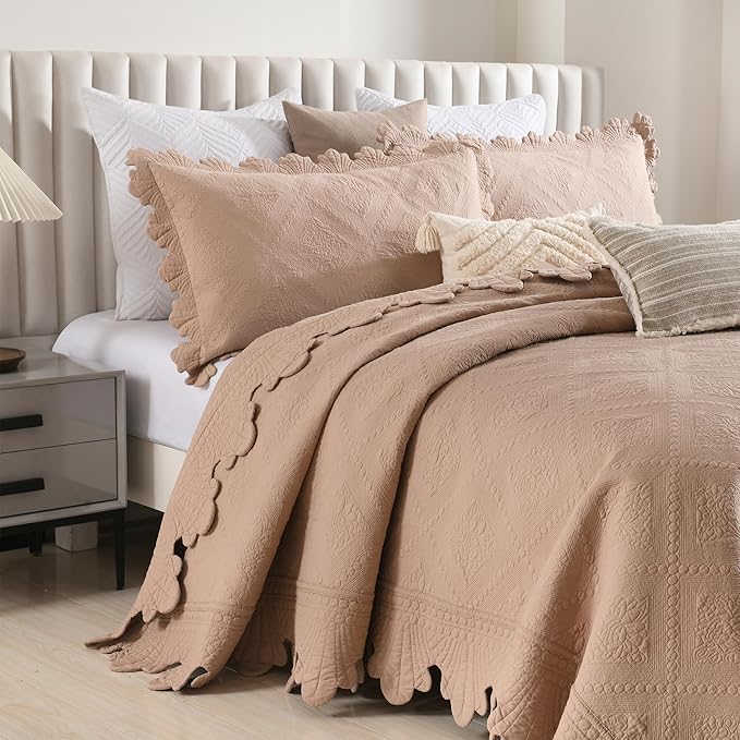 MarCielo 3-Piece 100% Cotton Oversized Bedspread Lightweight Quilt Coverlet Embroidery Farmhouse Bedding Set (TK Pale Taupe Camel, Oversized Queen (100"x106"))