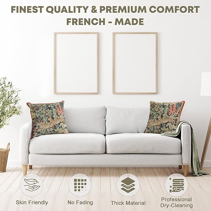 Charlotte Home Furnishings Decorative Tapestry Pillow Cover 14x14 in, Green Hares Couch Throw Pillow Cover, French Country Square Cushion Cases for Living Room Home Decor, Soft Cotton Jacquard Woven