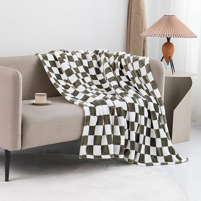 LOMAO Throw Blankets Flannel Blanket with Checkerboard Grid Pattern Soft Throw Blanket for Couch, Bed, Sofa Luxurious Warm and Cozy for All Seasons (Dark Olive, 40"x50")