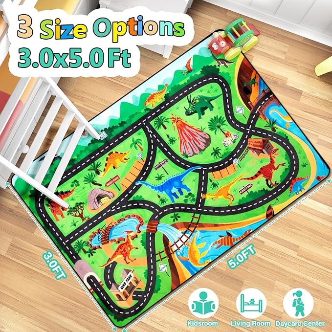 Kids Rug, Car Carpet for Kids' Toy Cars, 3x5 Ft Dinosaur Rug, Dino Safari Road Mat for Playroom, Educational Learning & Game Area Baby Play Mat Carpet for Children