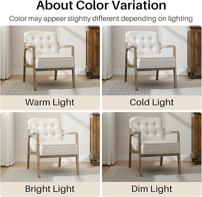 Linen Accent Chair, Mid Century Modern Chair for Living Room, Upholstered Comfy Lounge Armchair with Solid Wood Frame, Reading Side Chair for Bedroom,105°Ergonomic Comfort, White