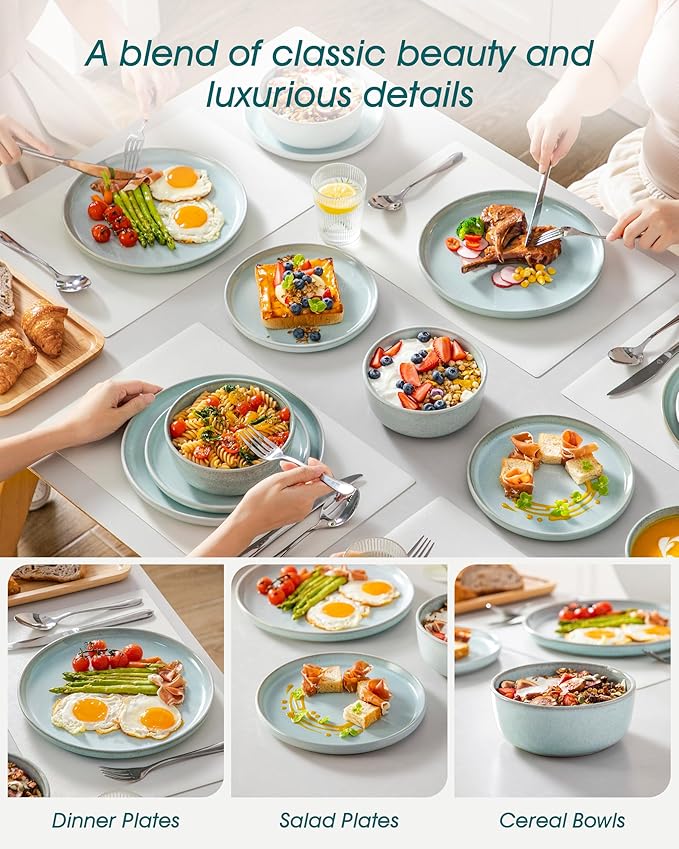 vancasso ANYA 24 Pieces Plates and Bowls Set, Mint Green Dinnerware Sets, Reactive Glaze Dishes Set for 8, Ceramic Dishware Sets Kitchen Dinner Set, Microwave & Dishwasher Safe