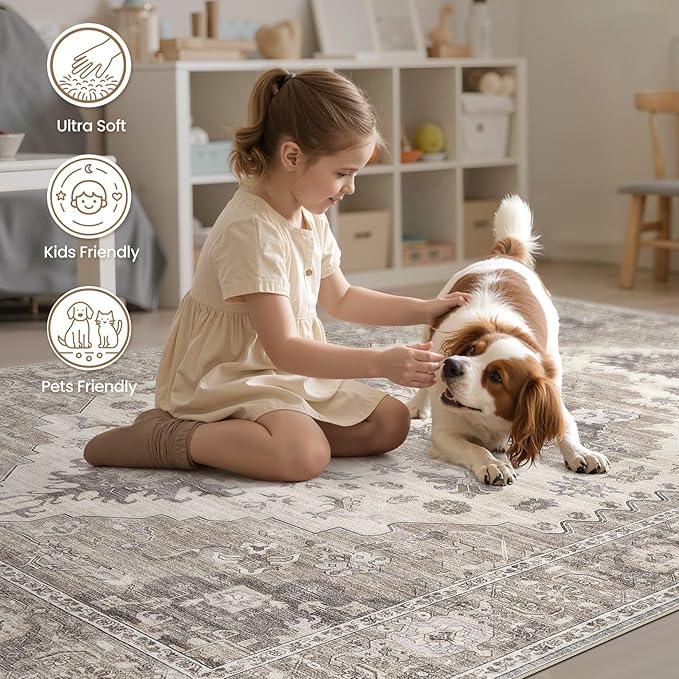 Washable Area Rugs for Living Room -7x10 Neutral Vintage Distressed Floral Farmhouse Boho Large Soft Floor Rug Indoor Non Slip Carpet for Living Room Bedroom Dining Room Office-Brown/Beige