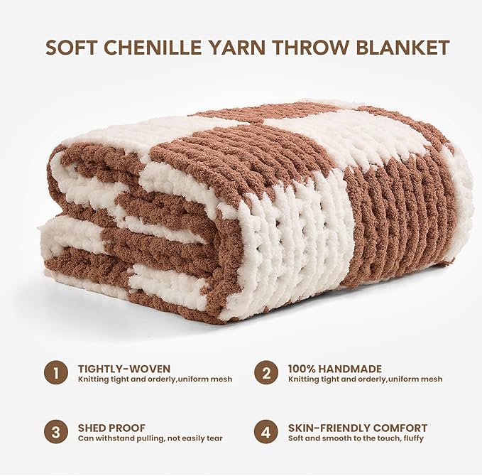 L'AGRATY Chunky Knit Blanket Throw: 50''x60'' Chenille Chunky Knitted Throw Blankets for Bed Couch - Handmade Thick Cable Knit Blanket - Large Crochet Rope Blankets for Home Decor(Brown Checkered)