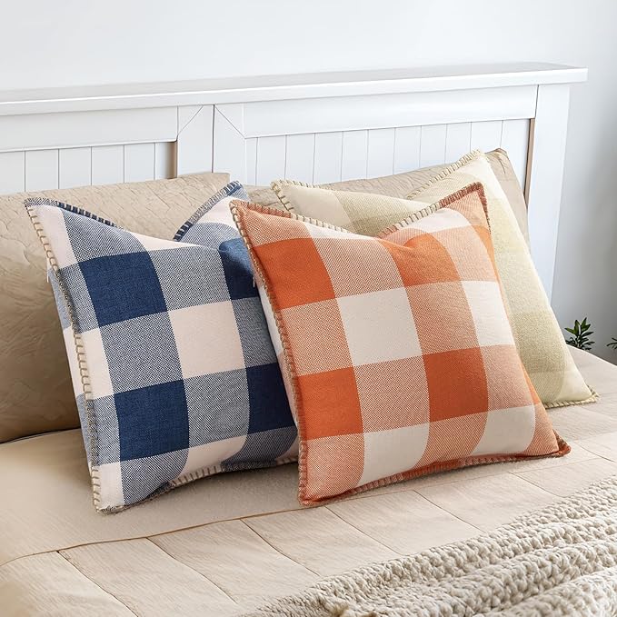 decorUhome Buffalo Plaid Check Fall Throw Pillow Covers 18x18 Set of 2, Outdoor Decorative Farmhouse Pillow Covers with Stitched Edge for Bed Couch Sofa, Cream White and Beige