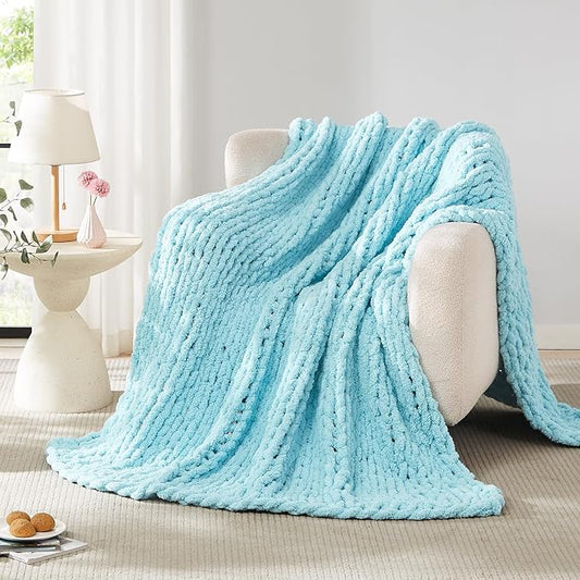 L'AGRATY Chunky Knit Blanket Throw: 72''x84'' Chenille Thick Big Cable Knit Blanket - Handmade - Light Blue