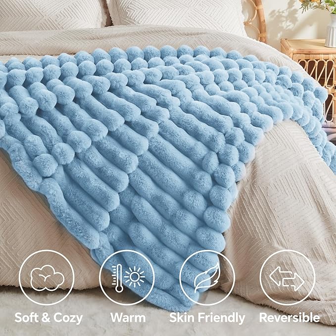 BEDELITE Faux Rabbit Fur Blanket, Luxurious 3D Striped Spring Blanket for Decor & Gift, Soft and Warm Plush Fluffy Faux Fur Throw Blanket All Seasons Suitable, (Light Blue, 60"x 80")
