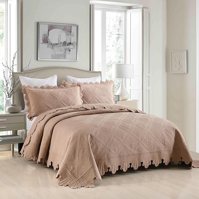 MarCielo 3-Piece 100% Cotton Oversized Bedspread Lightweight Quilt Coverlet Embroidery Farmhouse Bedding Set (TK Pale Taupe Camel, Oversized Queen (100"x106"))