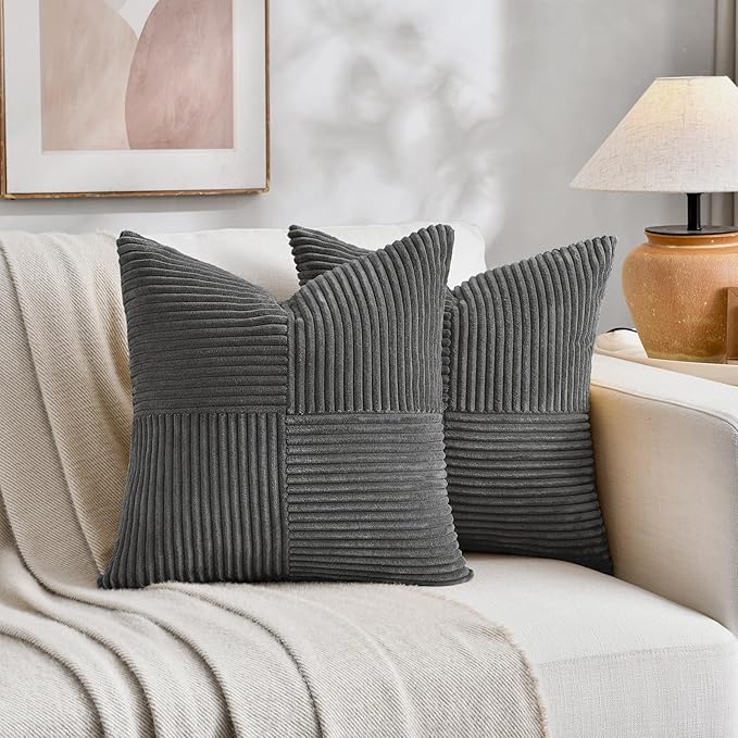 Fancy Homi 2 Packs Dark Gray Decorative Throw Pillow Covers 18x18 Inch for Living Room Couch Sofa, Rustic Farmhouse Boho Home Decor, Soft Corss Corduroy Patchwork Textured Square Cushion Case 45x45 cm