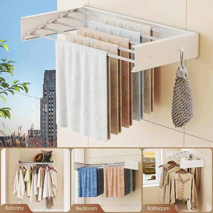 Upgrade Wall Mounted Clothes Drying Rack, 31.5 Inch, Foldable, Collapsible, Retractable, White