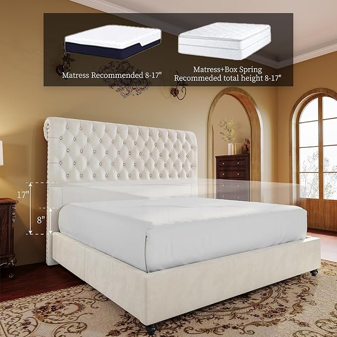 PaPaJet King Bed Frame Upholstered Platform Bed Frame with 52.8'' Tall Sleigh Headboard, Button Tufted, No Box Spring Needed, Easy Assembly, Cream