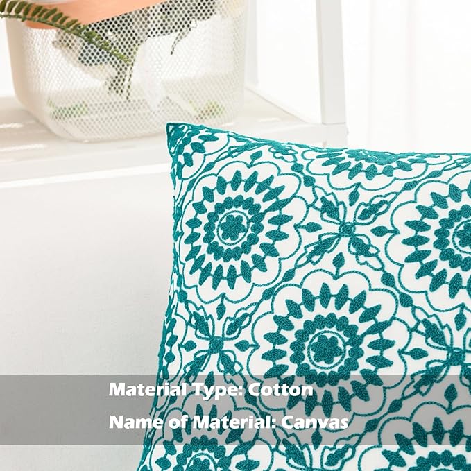 HWY 50 Teal Decorative Throw Pillow Covers 18x18 Inch (1 Piece), Embroidered Cotton Farmhouse Cushion Cover Pillow Case for Sofa Couch Living Room Bed, Little Sunflower