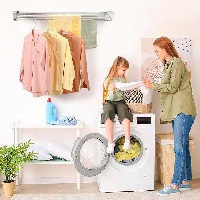 Wall Mounted Laundry Drying Rack, Retractable Clothes Drying Rack for Bathroom with Wall Template, 5 Stainless Rods Heaving 60 lb Capacity (White, 40")