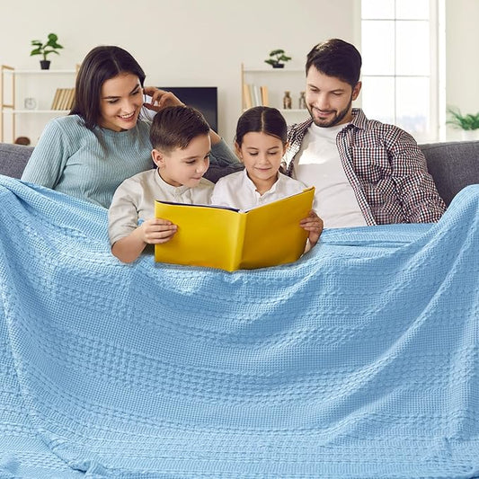 PHF 100% Cotton Waffle Blanket Oversized King 120"x120", Lightweight Breathable Extra Large 10'x10' Summer Blankets for Bed, Giant Big Luxury Aesthetic Woven Bedding for Home Decor, Sky Blue