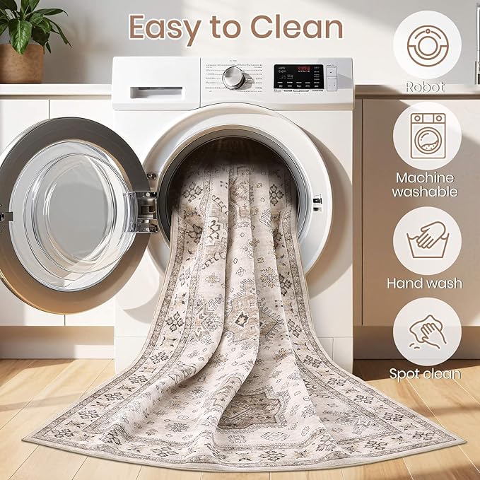 Washable Area Rugs for Living Room -8x10 Neutral Vintage Distressed Floral Farmhouse Boho Large Soft Floor Rug Indoor Non Slip Carpet for Living Room Bedroom Dining Room Office -Beige Brown