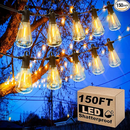 Outdoor String Lights, 150FT LED Patio Lights with 72+3 ST38 Vintage Edison Shatterproof Bulbs, Waterproof Connectable Dimmable Outside Hanging Lights for Backyard Bistro Porch Gazebo(75FTx2)