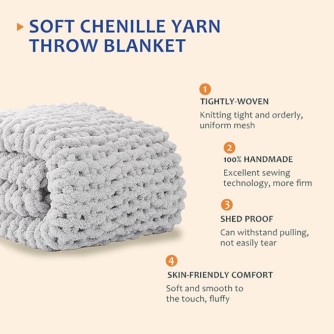 L'AGRATY Chunky Knit Blanket Throw - Soft Chenille Yarn Throw Blanket 60x80: Handmade Thick Cable Knit Crochet Blanket - Large Knit Blanket Chunky Rope Knot Throw Blanket for Couch Sofa Bed Home Decor