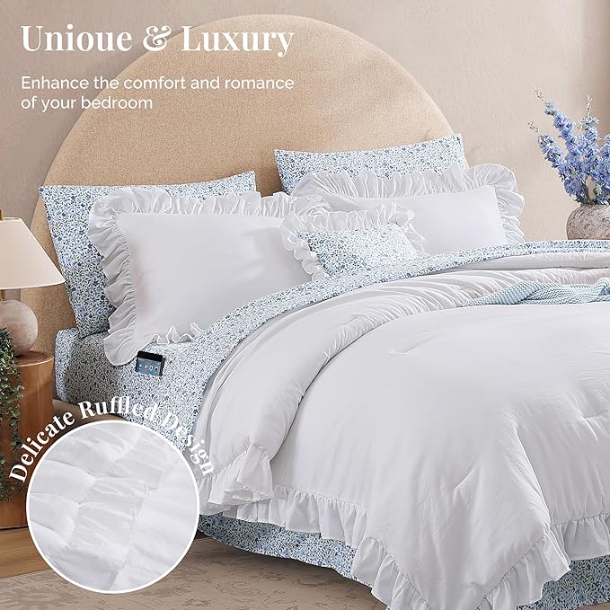 Queen Comforter Set - 7 Pieces Ruffle White Bedding Sets, Shabby Chic Farmhouse Bed in a Bag Queen with Ruffle Comforter, Floral Sheets, Pillowcases & Shams