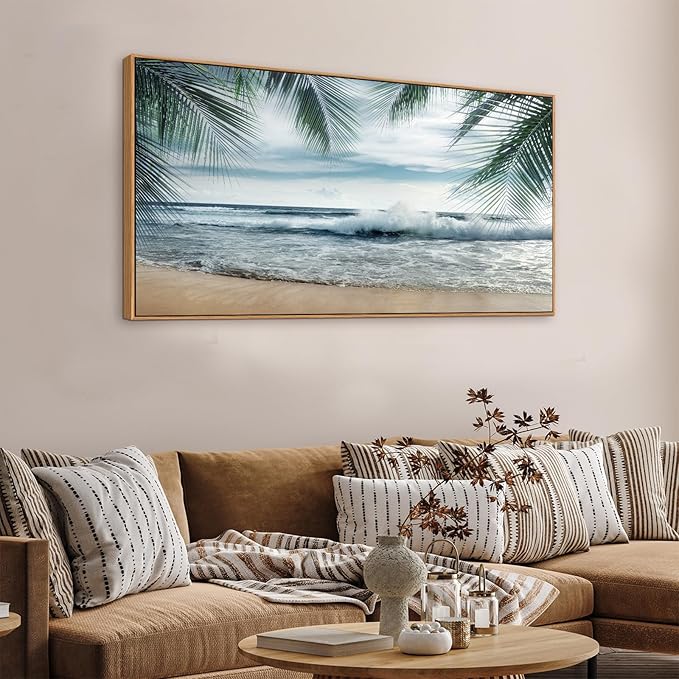 Framed Tropical Beach Wall Art - Ocean Waves Canvas Pictures Coastal Blue Sky and Sea Print Seaside Palm Tree Leaves Scene Painting Artwork Living Room Bedroom Office Home Decor 24" x 48"