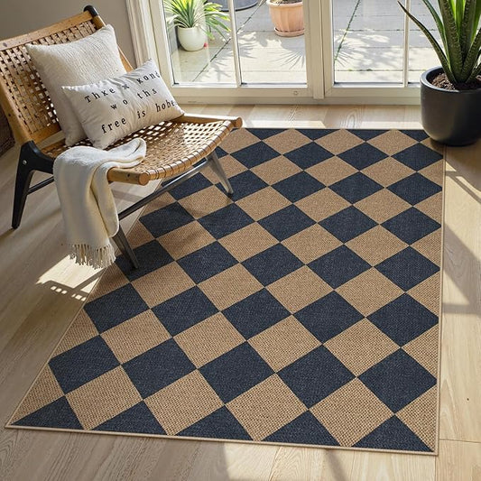 Lahome Checkered Easy Jute Entryway Rug, 3x5 Washable Area Rugs for Living Room Outdoor Patio, Non Slip Blue Indoor Door Mat Checkerboard Throw Carpet for Entry Front Door Guestroom Deck