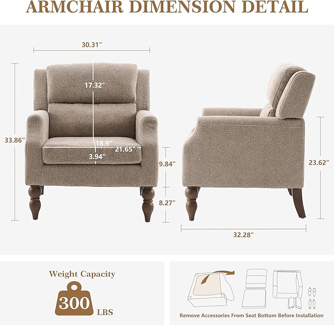 Kidol & Shellder Light Brown Oversized Accent Chair for Living Room Mid Century Modern Reading Chair with Back Upholstered Comfy Single Sofa Chair for Bedroom Lounge Side Corner Boucle Fabric Armchair