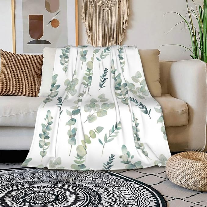 HGOD DESIGNS Watercolor Eucalyptus Flannel Fleece Bed Blanket Throw Blanket Lightweight Cozy Plush Blanket for Bedroom Living Rooms Sofa Couch 50"x60"