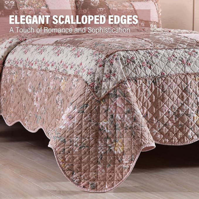 NEWLAKE Quilt Set King Size, Cotton Patchwork Pink Floral Quilt Sets, Real Stitched Embroidery Bedspread Lightweight and Breathable for All Seasons, Soft Quilted with 2 Pillow Shams