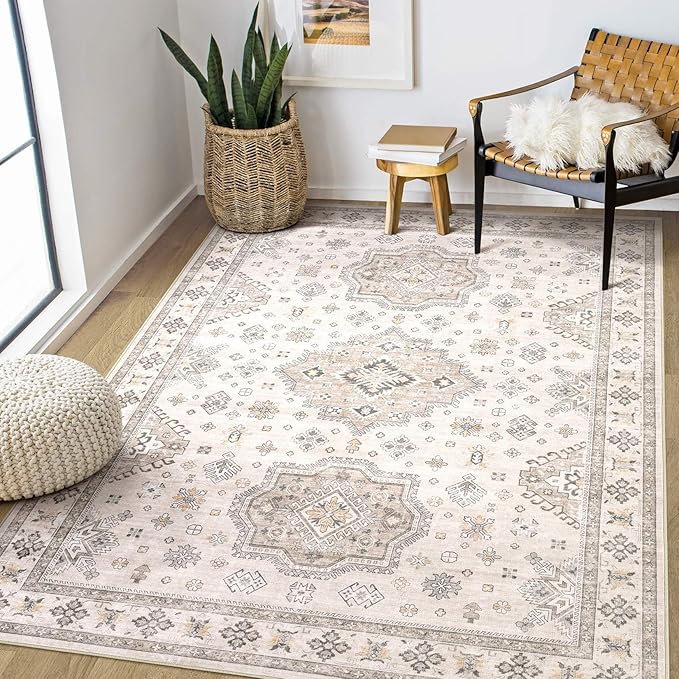 Washable Area Rugs for Living Room - 5x7 Neutral Vintage Distressed Floral Farmhouse Boho Large Soft Floor Rug Indoor Non Slip Carpet for Living Room Bedroom Dining Room Office - Beige Brown
