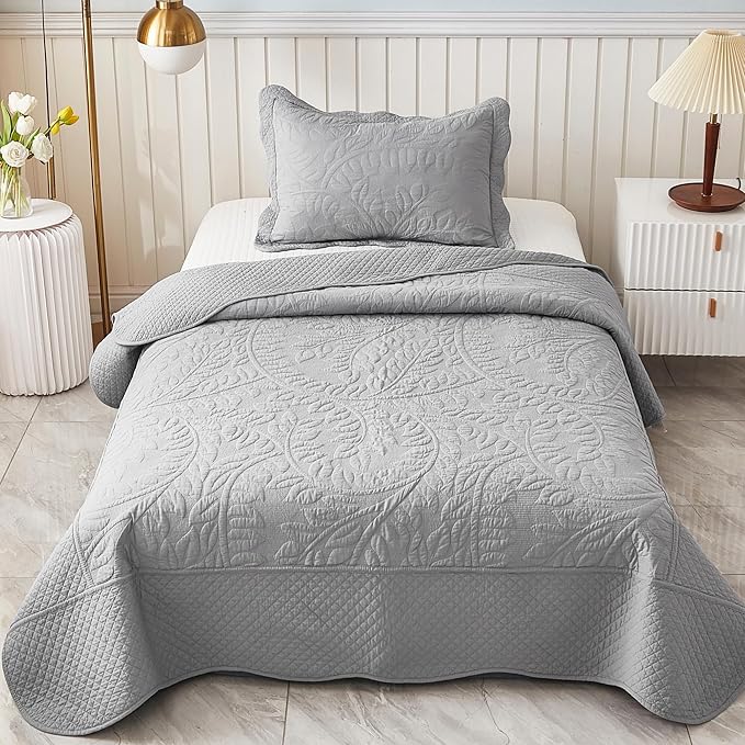 MarCielo 3-Piece 100% Cotton Oversized Bedspread Lightweight Quilt Coverlet Embroidery Farmhouse Bedding Set T0 (Light Grey, Twin (68"x86"))