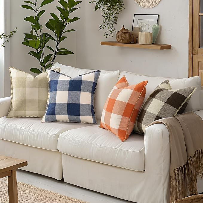 decorUhome Buffalo Plaid Check Fall Throw Pillow Covers 24x24 Set of 2, Outdoor Decorative Farmhouse Pillow Covers with Stitched Edge for Bed Couch Sofa, Cream White and Beige