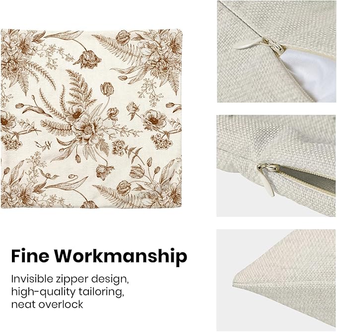 CXMEIFLY Spring Floral Leaves Pillow Covers 22 x 22 Inch Set of 2 for Chinoiserie Flowers Decor Throw Pillows Brown and White Seasonal Plant Outdoor Decorative Cushion Cases for Couch Bed Decorations