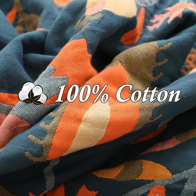 Snycler Boho Throw Blanket for Bed, 100% Organic Cotton Muslin Soft Throw-Orange Boho Floral Farmhouse Rustic Spring Summer Fall Decor Blanket for Couch Sofa Quilt and Gift, 80" x 90"