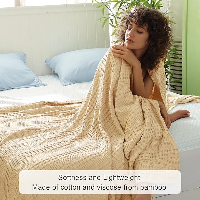 PHF Cooling Waffle Blanket Twin Size, Lightweight 60% Rayon Derived from Bamboo & 40% Cotton Breathable Blanket for Hot Sleepers, Soft and Luxury for Bed Couch and Sofa, 66"x90", Beige