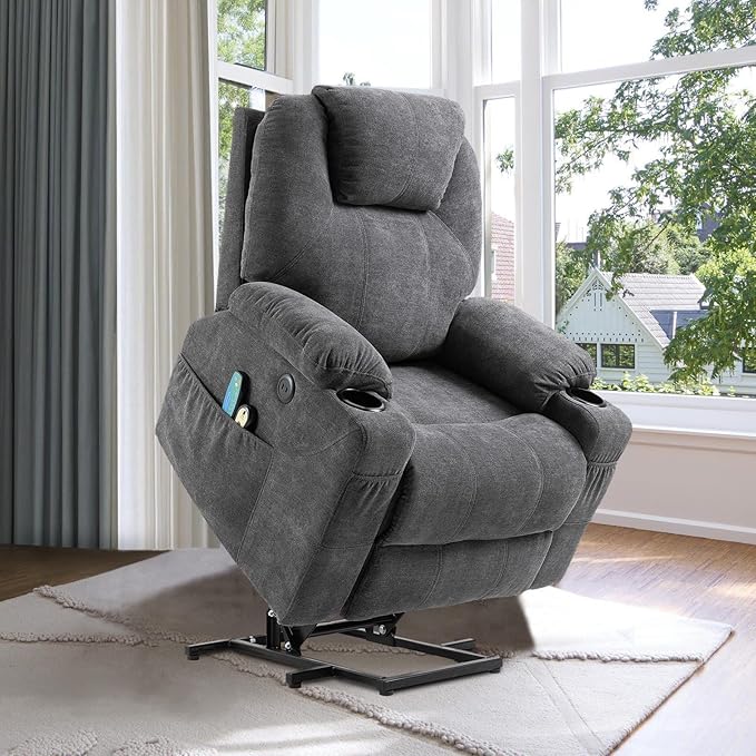 VIVIJASON Power Lift Chair Electric Recliner for Elderly Heated Vibration Massage Fabric Recliner Chair with 2 Remote Controls, Cup Holders, Side Pockets & USB Ports for Living Room (Grey)