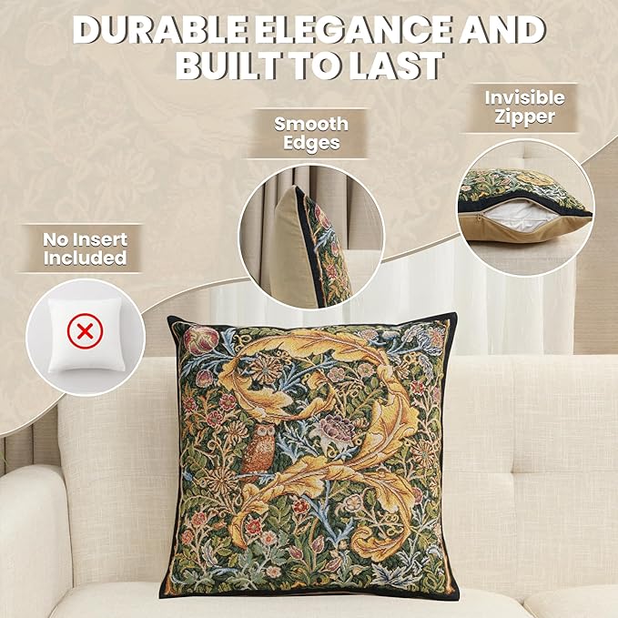 Charlotte Home Furnishings Throw Pillow Covers, Decorative Boho Pillow Covers for Couch, Living Room, Black Owl Square Cushion Cases 18x18 in, European Cotton Jacquard Woven for Cozy Bedroom Decor