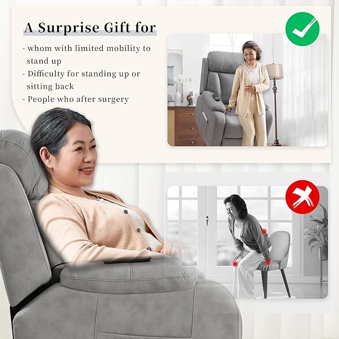 Power Lift Chair Recliners for Elderly, Leathaire Modern Adult Power Lift Chair Overstuffed Electric Lift Recliner Chair with Side Pocket for Living Room Bedroom (Light Gray)