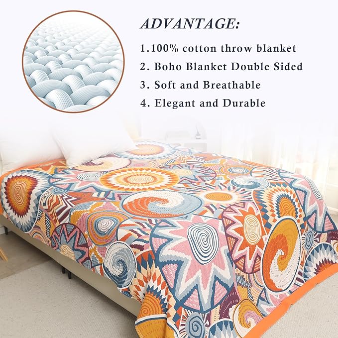 Snycler Boho Throw Blanket for Bed - 100% Cotton Ultra Soft Rustic Quilt Fall Blanket - Orange Floral Printed Farmhouse Decor Bed Blankets, 80"×90" All Season Rustic Throw for Sofa Couch Chair