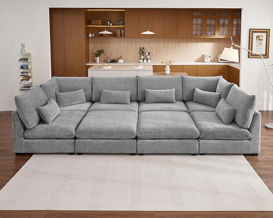 Oversized Modular Sofa, Extra Deep Cloud Chenille Sectional Couch with Ottoman Chaise, Fluffy Chenille 8 Seater Sofa Bed for Living Room, Villa (Sofa Bed 8 Seater, Chenille Grey)