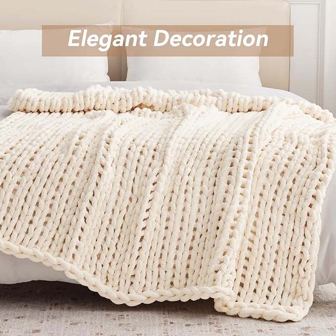 Chunky Knit Throw Blanket, 40''*50'' Knitted Throw Chenille Yarn for Bed Couch, Handmade Cream Crochet Big Thick Blanket, Machine Washable Cute Comfy Blanket for Home Decor