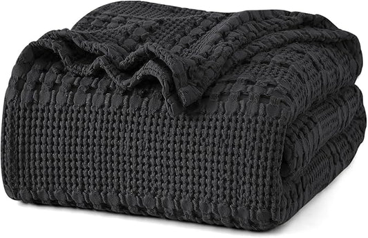 PHF 100% Cotton Waffle Weave Blanket Twin Size, Soft Lightweight Breathable Cozy Summer Blankets for Bed, Luxury Aesthetic Woven Bedding for Home Decor, 66"x90", Black