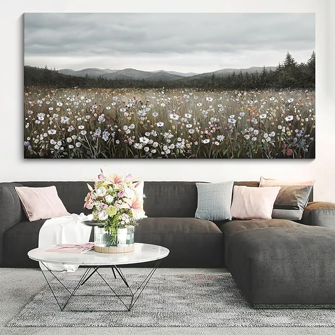 HGUAOA Vintage Landscape Wall Art for Bedroom and Living Room - Large Floral Artworks Farmhouse Wall Decor - Framed Neutral Nature Pictures - Above Bed Wall Decor with Mountain Scenery 29×58IN